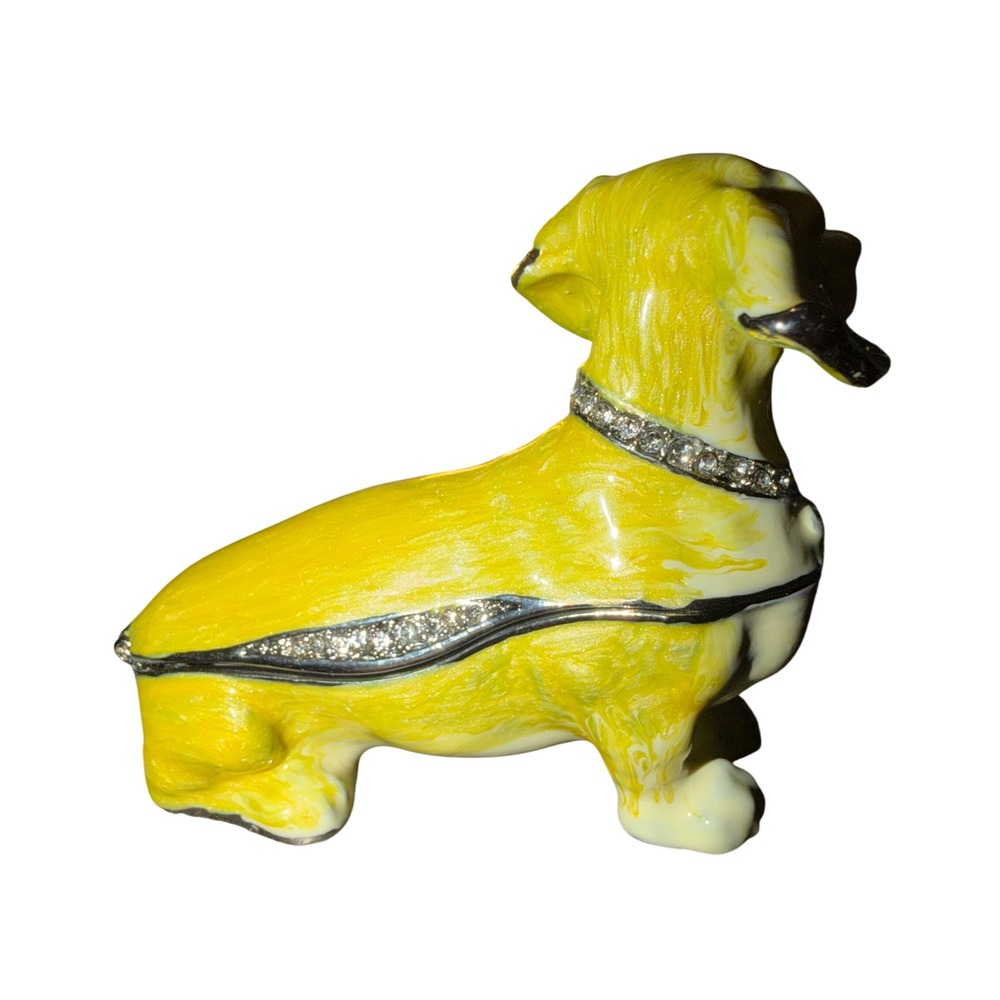 Dachshund Trinket Box Small Yellow Enamel Crystal Dog New - Picture 3 of 9